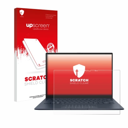 Front side of a product packaging with the brand logo upscreen. Next to it is the device ASUS ZenBook 14 OLED UX3405 Touch sho