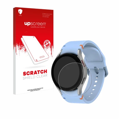Front side of a product packaging with the brand logo upscreen. Next to it is the device Samsung Galaxy Watch FE shown with th