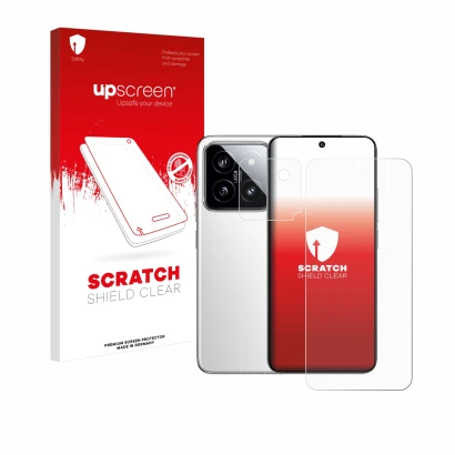 Front side of a product packaging with the brand logo upscreen. Next to it is the device Xiaomi 14 (Front+Camera) shown with t