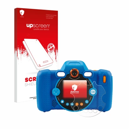 Front side of a product packaging with the brand logo upscreen. Next to it is the device Vtech Kidizoom Duo FX shown with the 