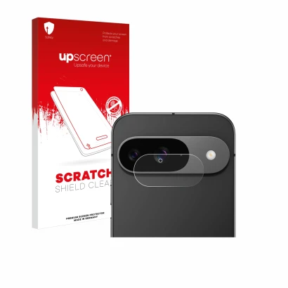Front side of a product packaging with the brand logo upscreen. Next to it is the device Google Pixel 9 (ONLY Camera Lens) sho