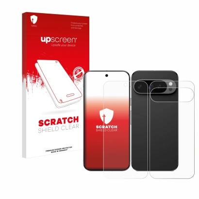 Front side of a product packaging with the brand logo upscreen. Next to it is the device Google Pixel 9 Pro XL (Front+Back) sh