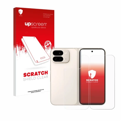 Front side of a product packaging with the brand logo upscreen. Next to it is the device Google Pixel 9 Pro Fold (Front+Back) 