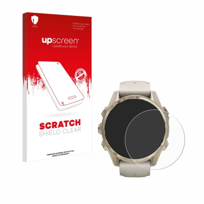 Front side of a product packaging with the brand logo upscreen. Next to it is the device Garmin Fenix 8 (43 mm) shown with the