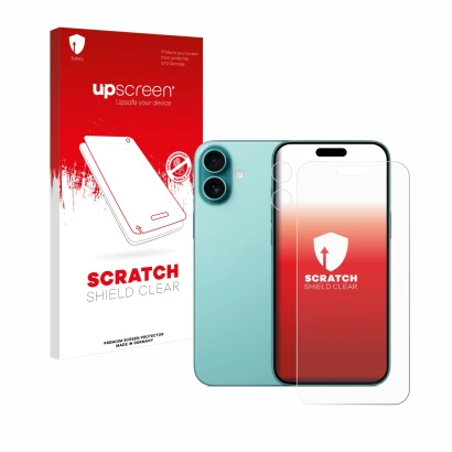 Front side of a product packaging with the brand logo upscreen. Next to it is the device Apple iPhone 16 Plus (Front+Camera) s