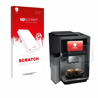 Front side of a product packaging with the brand logo upscreen. Next to it is the device Siemens EQ700 shown with the correspo