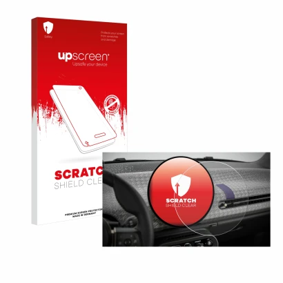 Front side of a product packaging with the brand logo upscreen. Next to it is the device Mini Cooper Electric BJ 2024 shown wi