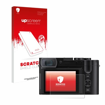 Front side of a product packaging with the brand logo upscreen. Next to it is the device Leica Q3 43 shown with the correspond
