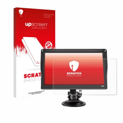 Front side of a product packaging with the brand logo upscreen. Next to it is the device Xgody X10 9" shown with the correspon