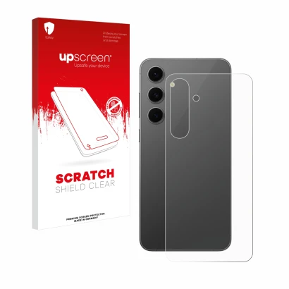 Front side of a product packaging with the brand logo upscreen. Next to it is the device Samsung Galaxy S24 FE (Back) shown wi