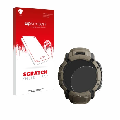 Front side of a product packaging with the brand logo upscreen. Next to it is the device Garmin Instinct 2X Solar Tactical Edi
