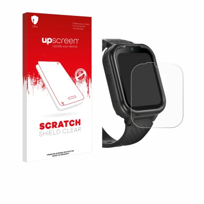 Front side of a product packaging with the brand logo upscreen. Next to it is the device RAYOFI Kids Smartwatch shown with the