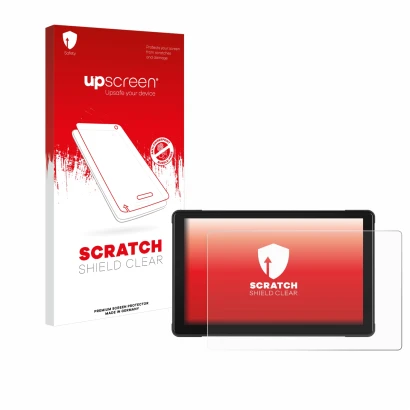 Front side of a product packaging with the brand logo upscreen. Next to it is the device Podofo Motorrad Carplay 7" shown with