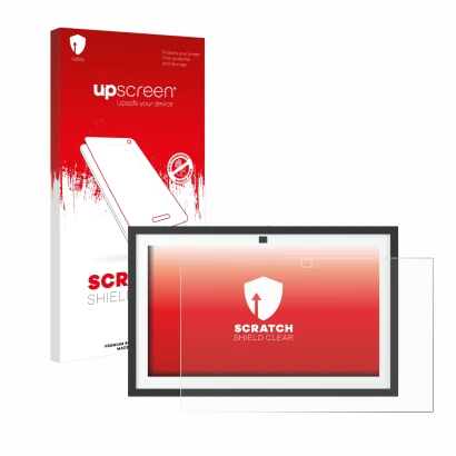 Front side of a product packaging with the brand logo upscreen. Next to it is the device Amazon Echo Show 15 2024 shown with t