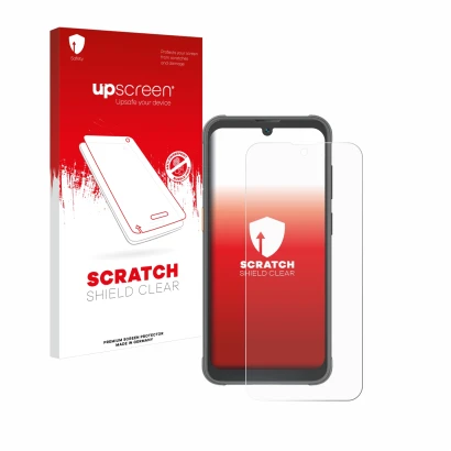 Front side of a product packaging with the brand logo upscreen. Next to it is the device Blackview BV5200 Pro shown with the c