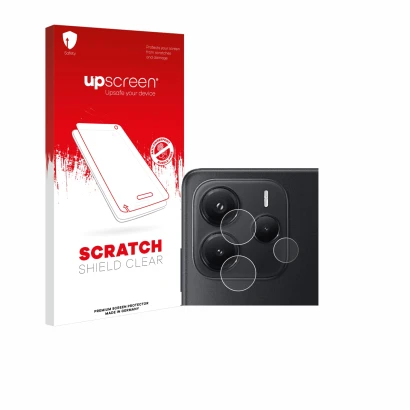 Front side of a product packaging with the brand logo upscreen. Next to it is the device Xiaomi Redmi Note 14 (ONLY Camera Len