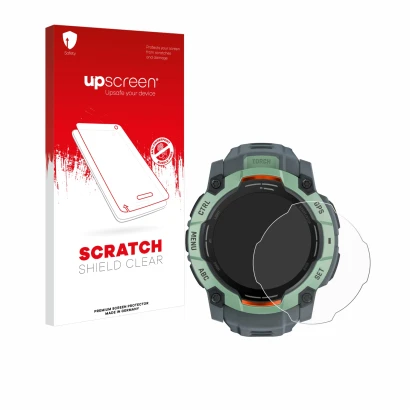 Front side of a product packaging with the brand logo upscreen. Next to it is the device Garmin Instinct 3 AMOLED (50 mm) show