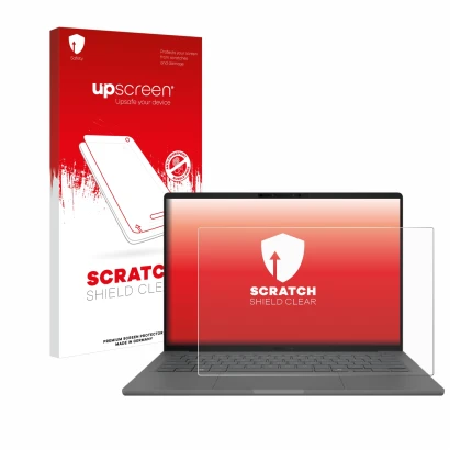 Front side of a product packaging with the brand logo upscreen. Next to it is the device ASUS ZenBook A14 UX3407 shown with th