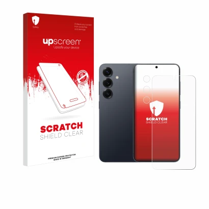 Front side of a product packaging with the brand logo upscreen. Next to it is the device Samsung Galaxy S25 (Front+Camera) sho
