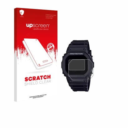 Front side of a product packaging with the brand logo upscreen. Next to it is the device Casio G-Shock DW-5600RL-1 shown with