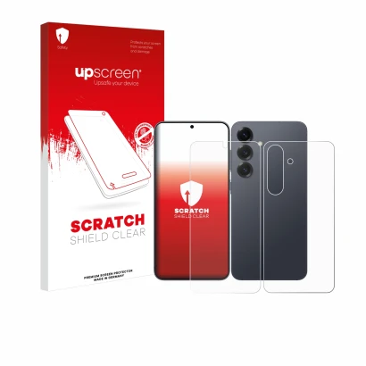 Front side of a product packaging with the brand logo upscreen. Next to it is the device Samsung Galaxy S25 (Front+Back) shown