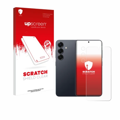 Front side of a product packaging with the brand logo upscreen. Next to it is the device Samsung Galaxy S25 Plus (Front+Camera