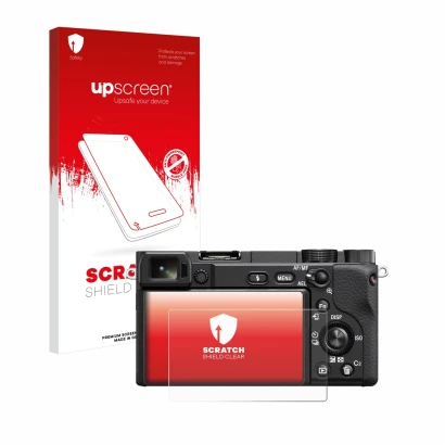 Front side of a product packaging with the brand logo upscreen. Next to it is the device Sony Alpha 6100A shown with the corre