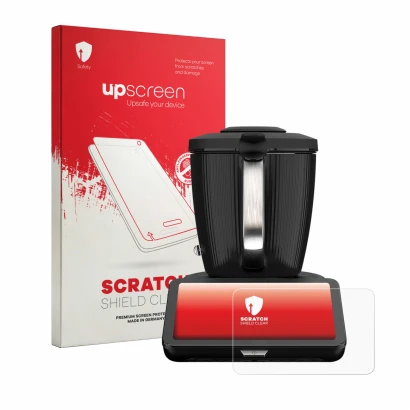 Front side of a product packaging with the brand logo upscreen. Next to it is the device Vorwerk Thermomix TM7 shown with the