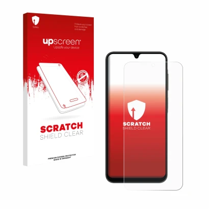 Front side of a product packaging with the brand logo upscreen. Next to it is the device Samsung Galaxy A26 5G shown with the 