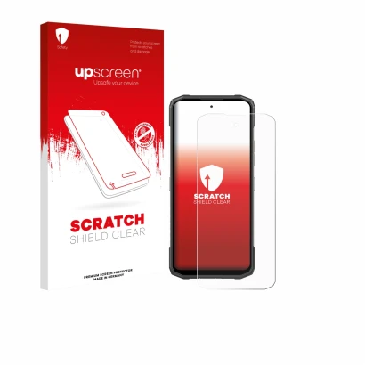Front side of a product packaging with the brand logo upscreen. Next to it is the device Doogee Blade 20 Turbo shown with the
