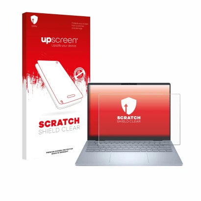 Front side of a product packaging with the brand logo upscreen. Next to it is the device Dell 14 Plus Laptop shown with the co