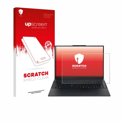 Front side of a product packaging with the brand logo upscreen. Next to it is the device Lenovo ThinkPad E16 Gen 3 shown with 