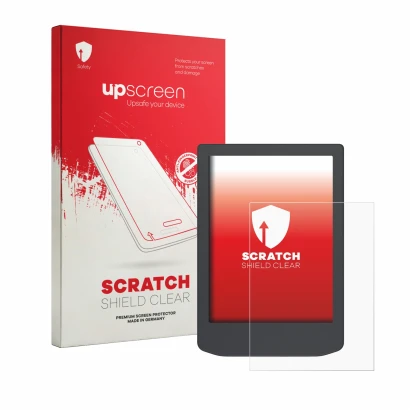 Front side of a product packaging with the brand logo upscreen. Next to it is the device PocketBook Verse Lite shown with the 