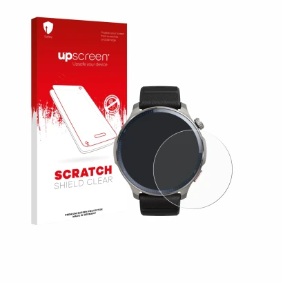 Front side of a product packaging with the brand logo upscreen. Next to it is the device Huami Amazfit Balance 2 shown with th