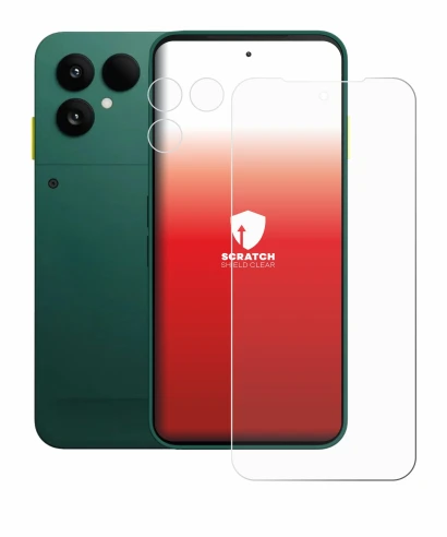Image of the device Fairphone 6 (Front+Camera) with a wide variety of screen protectors.