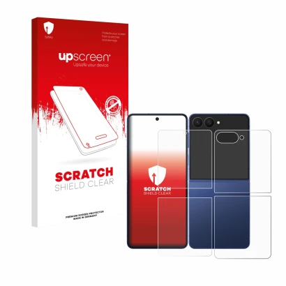 Front side of a product packaging with the brand logo upscreen. Next to it is the device Samsung Galaxy Z Flip 7 (Front+Back)