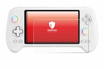 Image of the device Anbernic RG557 with a wide variety of screen protectors.