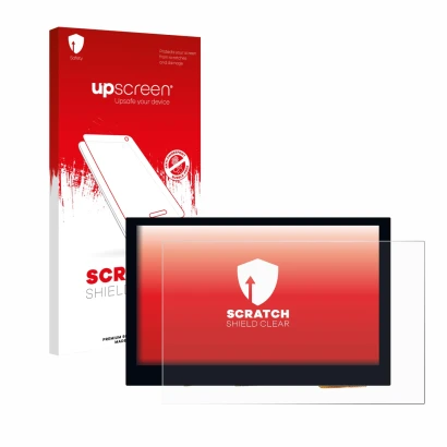 Front side of a product packaging with the brand logo upscreen. Next to it is the device Waveshare 4.3" shown with the corresp