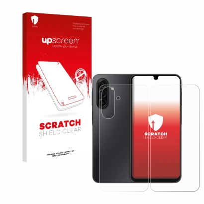 Front side of a product packaging with the brand logo upscreen. Next to it is the device Samsung Galaxy A17 5G (Front+Back) sh