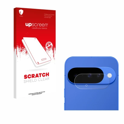 Front side of a product packaging with the brand logo upscreen. Next to it is the device Google Pixel 10 (ONLY Camera Lens) sh