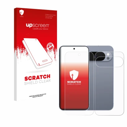 Front side of a product packaging with the brand logo upscreen. Next to it is the device Google Pixel 10 Pro (Front+Back) show