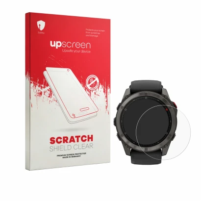 Front side of a product packaging with the brand logo upscreen. Next to it is the device Garmin Fenix 8 Pro AMOLED (47 mm) sho