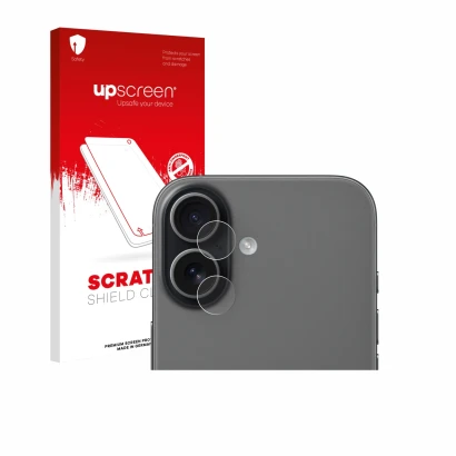 Front side of a product packaging with the brand logo upscreen. Next to it is the device Apple iPhone 17 (ONLY Camera Lens) sh