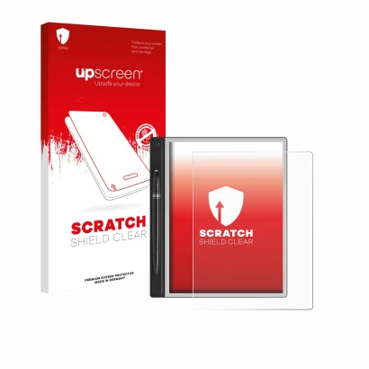 Front side of a product packaging with the brand logo upscreen. Next to it is the device Montblanc Digital Paper shown with th