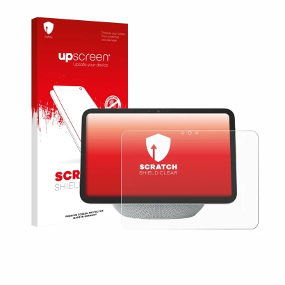 Front side of a product packaging with the brand logo upscreen. Next to it is the device Amazon Echo Show 11 2025 shown with t