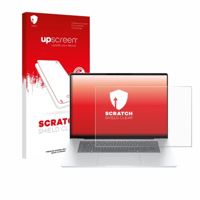 Front side of a product packaging with the brand logo upscreen. Next to it is the device HP OmniBook 5 16 shown with the corre