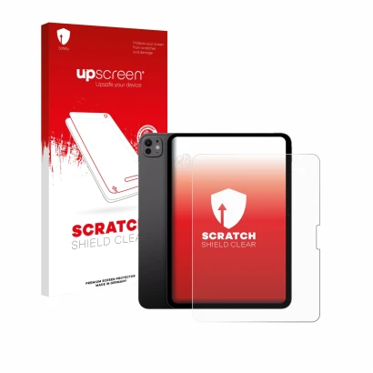 Front side of a product packaging with the brand logo upscreen. Next to it is the device Apple iPad Pro 13" 2025 (Front+Camera