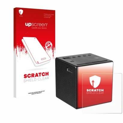 Front side of a product packaging with the brand logo upscreen. Next to it is the device Sony ICF-C1 shown with the correspond