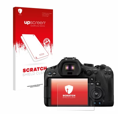 Front side of a product packaging with the brand logo upscreen. Next to it is the device Canon EOS R6 Mark III shown with the