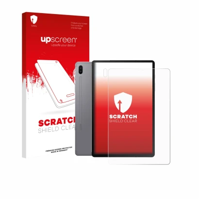 Front side of a product packaging with the brand logo upscreen. Next to it is the device Samsung Galaxy Tab S6 2020 (Front+Cam